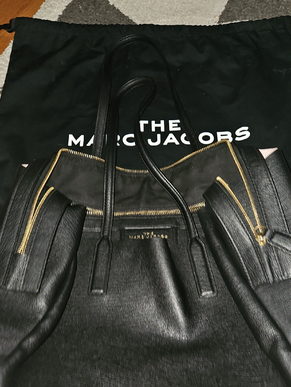 Marc Jacobs Black Leather Laptop Tote with Gold Zippers